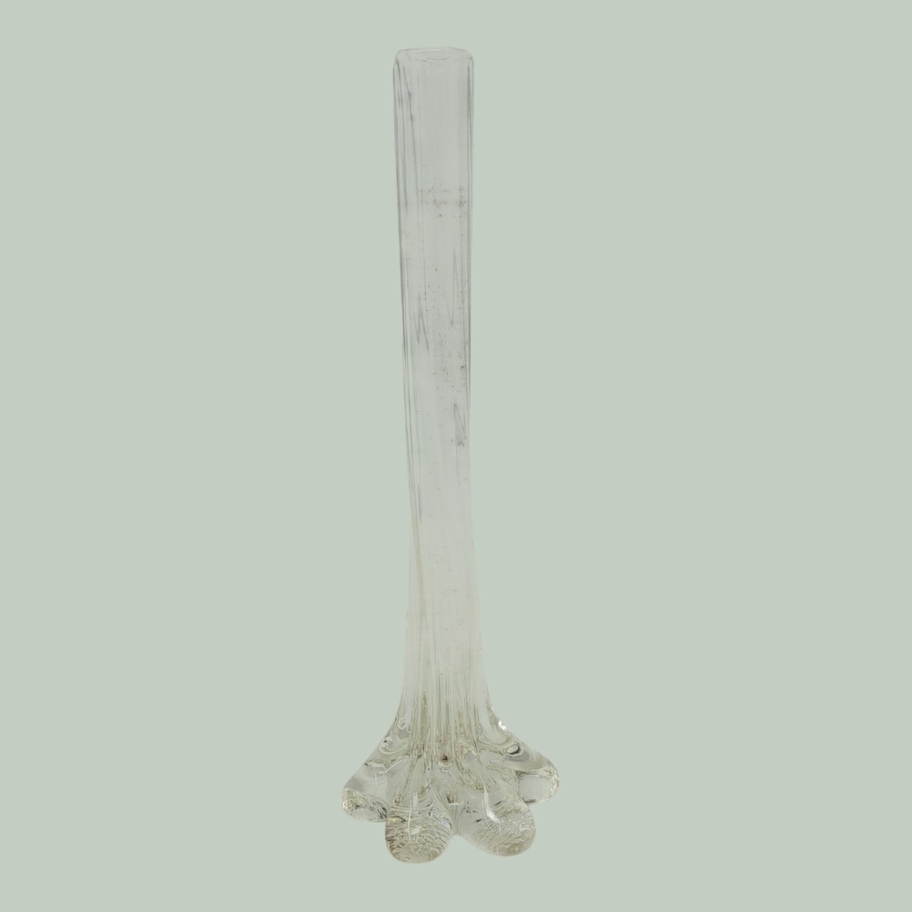 Vintage Hand Blown Clear Glass Bud Vase Mid Century Modern Ribbed Swirl 12"‎